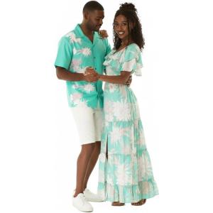 image:imageMatchable Couple Hawaiian Luau Men Side Panel Shirt or Women Draped Neckline Maxi Dress in Wispy Cereus Palm MistMen Side Panel