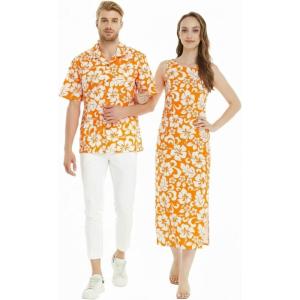 image:imageMatchable Couple Hawaiian Luau Men Shirt or Women Maxi Tank Dress in Classic Hibiscus OrangeWomen Classic Hibiscus Orange