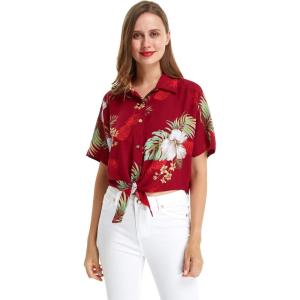 image:imageWomens Hawaiian Tie Front Crop Top Aloha Shirt in Pineapple GardenPineapple Garden Burgundy
