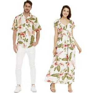 image:imageCouple Matching Hawaiian Luau Aloha Shirt Maxi Ruffle Sleeve Dress in RafelsiaCream Rafelsia