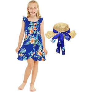 image:imageGirl Ruffle Wrap Hawaiian Luau Dress and Hat with Matching Band in Hibiscus Blue Size 6