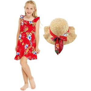 image:imageGirl Ruffle Wrap Hawaiian Luau Dress and Hat with Matching Band in Hibiscus Red Size 2