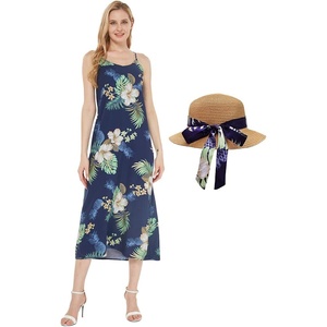 image:imageWomens Hawaiian Maxi Sweetheart Dress Signature Prints  Sweetheart Neckline Soft Rayon Fabric Signature Floral Prints Lightweight Comfort Resort Vacation WearPineapple Garden Navy  Hat