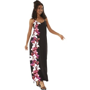 image:imageWomens Hawaiian Maxi Sweetheart Dress Signature Prints  Sweetheart Neckline Soft Rayon Fabric Signature Floral Prints Lightweight Comfort Resort Vacation WearWatercolor Orchid Black Pink