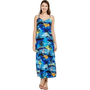 image:imageWomens Hawaiian Maxi Sweetheart Dress Signature Prints  Sweetheart Neckline Soft Rayon Fabric Signature Floral Prints Lightweight Comfort Resort Vacation WearSunset Blue