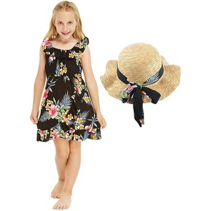 image:imageGirl Ruffle Wrap Hawaiian Luau Dress and Hat with Matching Band in Hibiscus Black Size 6
