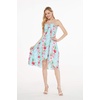 image:imageWomens Hawaiian Luau Halter Dress in Signature Prints  Sleeveless halter dress highlow hem Hawaiian floral print soft rayon machine washable luau beach cruise partyPink Turquoise Hibiscus Vine