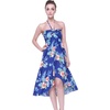 image:imageWomens Hawaiian Luau Halter Dress in Signature Prints  Sleeveless halter dress highlow hem Hawaiian floral print soft rayon machine washable luau beach cruise partyHibiscus Blue