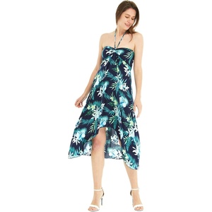 image:imageWomens Hawaiian Luau Halter Dress in Signature Prints  Sleeveless halter dress highlow hem Hawaiian floral print soft rayon machine washable luau beach cruise partyOrchid Breeze Navy