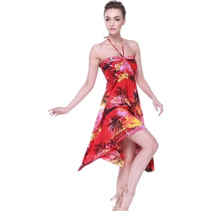 image:imageWomens Hawaiian Luau Halter Dress in Signature Prints  Sleeveless halter dress highlow hem Hawaiian floral print soft rayon machine washable luau beach cruise partyRed Sunset