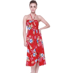 image:imageWomens Hawaiian Luau Halter Dress in Signature Prints  Sleeveless halter dress highlow hem Hawaiian floral print soft rayon machine washable luau beach cruise partyHibiscus Red