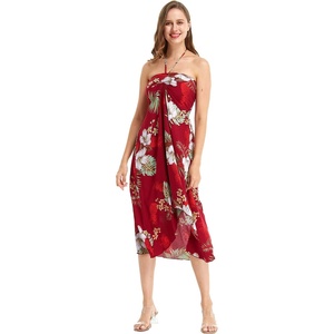 image:imageWomens Hawaiian Luau Halter Dress in Signature Prints  Sleeveless halter dress highlow hem Hawaiian floral print soft rayon machine washable luau beach cruise partyPineapple Garden Burgundy