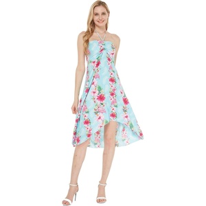 image:imageWomens Hawaiian Luau Halter Dress in Signature Prints  Sleeveless halter dress highlow hem Hawaiian floral print soft rayon machine washable luau beach cruise partyPink Turquoise Hibiscus Vine