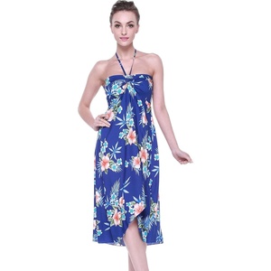 image:imageWomens Hawaiian Luau Halter Dress in Signature Prints  Sleeveless halter dress highlow hem Hawaiian floral print soft rayon machine washable luau beach cruise partyHibiscus Blue