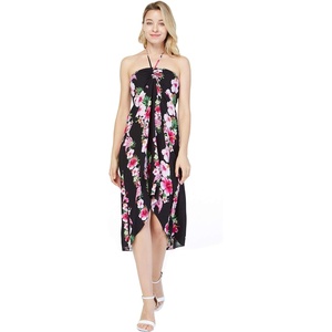 image:imageWomens Hawaiian Luau Halter Dress in Signature Prints  Sleeveless halter dress highlow hem Hawaiian floral print soft rayon machine washable luau beach cruise partyPink Black Hibiscus Vine