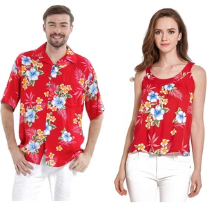image:imageCouple Matching Hawaiian Luau Outfit Aloha Shirt and Tank Top in Hibiscus in 3 ColorsHibiscus Red
