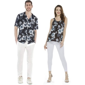image:imageCouple Matching Hawaiian Luau Outfit Aloha Shirt and Tank Top in Hibiscus in 3 ColorsMidnight Bloom