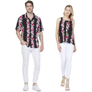 image:imageCouple Matching Hawaiian Luau Outfit Aloha Shirt and Tank Top in Hibiscus in 3 ColorsPink Black Hibiscus Vine