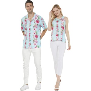 image:imageCouple Matching Hawaiian Luau Outfit Aloha Shirt and Tank Top in Hibiscus in 3 ColorsPink Turquoise Hibiscus Vine