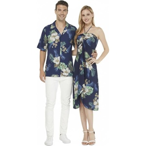 image:imageMatchable Couple Hawaiian Shirt or Dress Signature Prints Pineapple  Sold Individually Matchable Couple Collection Soft Comfortable Fabric Signature Tropical Prints Vacation ReadyMen Pineapple Garden Navy