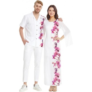 image:imageMatchable Couple Hawaiian Shirt or Maxi Spandex Dress Signature Prints  Sold Individually Spandex Stretchy Lightweight Breathable Fabric Signature Tropical Prints Vacation ReadyWomen Watercolor Orchid White Pink