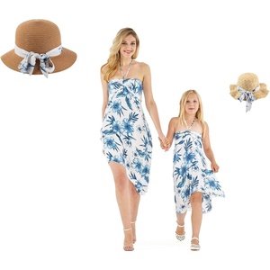 image:imageMatching Hawaiian Luau Mother Daughter Halter Dress in Hibiscus BlueDay Dream Bloom  Hats With Matching Bands