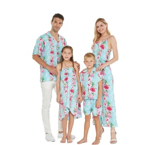 image:imageHawaii Hangover Family Matching Clothes Pink Hibiscus Vine Turquoise  Family matching Hawaiian outfits Pink Hibiscus Vine Turquoise lightweight rayon machine washable tropical floral printMen Short Sleeve