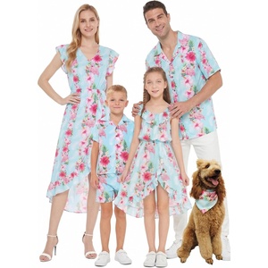 image:imageHawaii Hangover Family Matching Clothes Pink Hibiscus Vine Turquoise  Family matching Hawaiian outfits Pink Hibiscus Vine Turquoise lightweight rayon machine washable tropical floral printWomen Wrap Ruffle