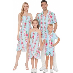 image:imageHawaii Hangover Family Matching Clothes Pink Hibiscus Vine Turquoise  Family matching Hawaiian outfits Pink Hibiscus Vine Turquoise lightweight rayon machine washable tropical floral printWomen Halter
