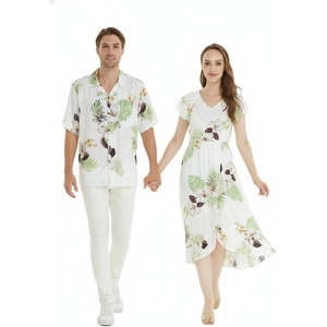 image:imageMatchable Couple Hawaiian Shirt or Wrap Dress Signature Prints Pineapple  Sold Individually Soft Rayon Fabric Lightweight Comfort Signature Tropical Prints Vacation ReadyWomen Pineapple Garden White
