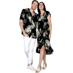 image:imageMatchable Couple Hawaiian Shirt or Wrap Dress Signature Prints Pineapple  Sold Individually Soft Rayon Fabric Lightweight Comfort Signature Tropical Prints Vacation ReadyWomen Pineapple Garden Black